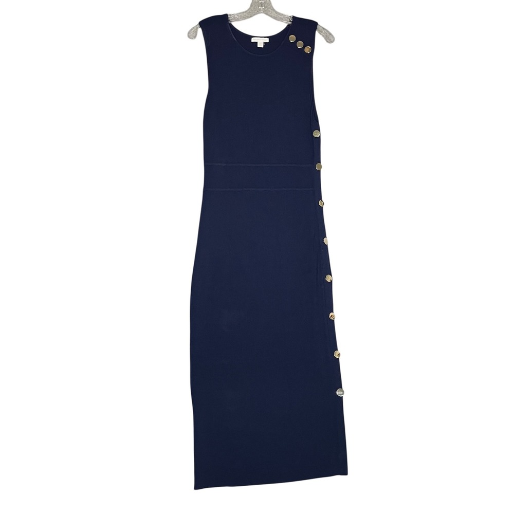 New York & Company Knit Dress Women M Navy Blue Silver Button Nautical Preppy
